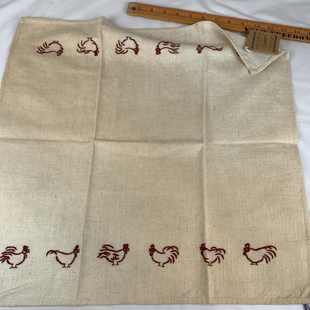 Annie Schickel Collection Rooster Embroidered Dish Towel Beige Red Cottagecore